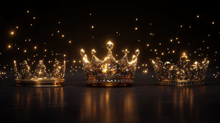 Royal collection of three detailed golden crowns glowing softly on a dark, elegant backgroundの素材