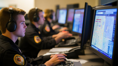 Police officers in a high-tech 911 call center, using glowing screens and real-time maps to coordinate emergency responsesの素材