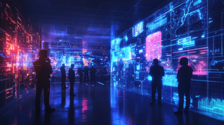 Police officers in a futuristic emergency response hub, managing crises through glowing digital tools and real-time mapsの素材