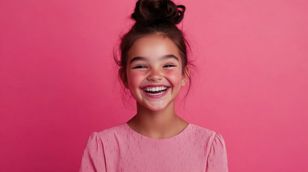 Young girl with a bun hairstyle, wearing a cheerful smile against a vibrant pink background, radiating joyの素材