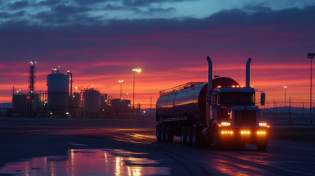 Gas truck leaving an oil depot at twilight, highlighting energy logistics with vibrant sunset huesの素材