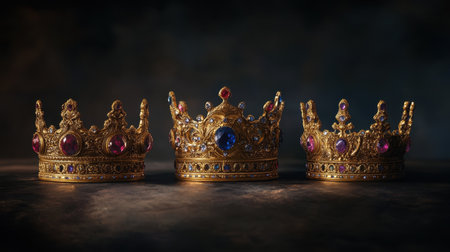 Three intricate golden crowns adorned with gemstones, displayed against a dramatic dark backgroundの素材