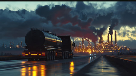 Oil and gas truck driving on an evening road, illuminated by refinery lights in the distance, heading towards its destinationの素材