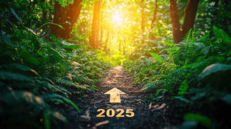 Lush green forest with sunlight breaking through, a path marked "2025" and arrow pointing forward for inspirationの素材