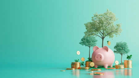 Pink piggy bank and gold coins with green trees sprouting from slots, symbolizing eco-investment on a teal backdropの素材