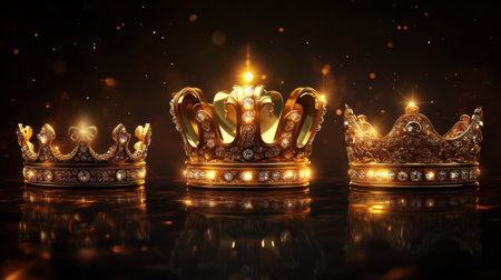 Royal collection of three detailed golden crowns glowing softly on a dark, elegant backgroundの素材