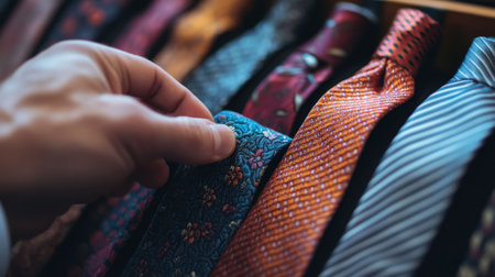 A groom hand selects ties from a curated collection, highlighting colors and patterns perfect for the wedding day, in a sophisticated fashion setting.の素材