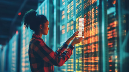 Delivery professional scanning a barcode in a global logistics center.の素材