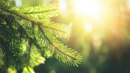 A closeup of a lush green pine branch illuminated by sunlight, highlighting the intricate leaves against a blurred forest background. Perfect for nature themes.の素材