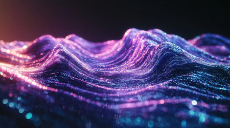 Glowing neon purple wave forms twisting and curving on a black background, creating a mesmerizing digital effect.の素材