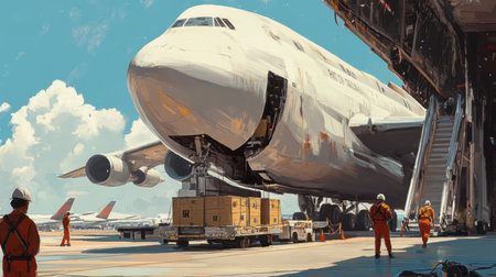 Workers unloading a cargo plane at an international airport.の素材