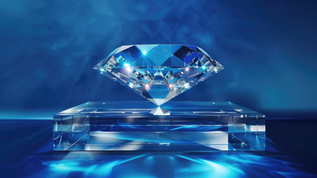 Diamond-themed podium with a crystal clear stand and blue platform, ideal for high-end product presentations.の素材