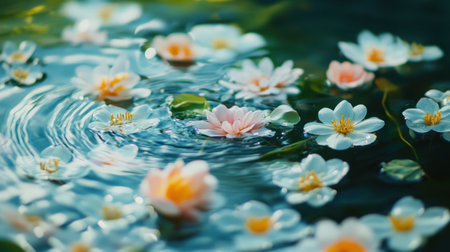 A close view of flowers floating delicately on water, soft ripples enhancing the peaceful atmosphereの素材