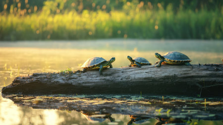 Wetland pond with turtles basking on a weathered log under the soft glow of the afternoon sun.の素材