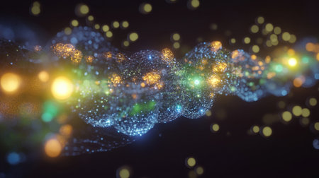 A depiction of quantum systems in simulation, featuring dynamic models, entangled particles, and glowing energy fieldsの素材