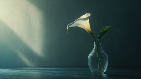 A close-up of a pure white calla lily in a simple glass vase, illuminated softly against a dark, empty backdropの素材
