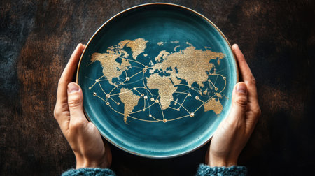 A plate displaying a world map with arrows and nodes, symbolizing the interconnectedness of global supply chainsの素材