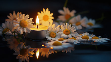 A serene arrangement of daisies near a solitary candle flame, exuding warmth and reflectionの素材