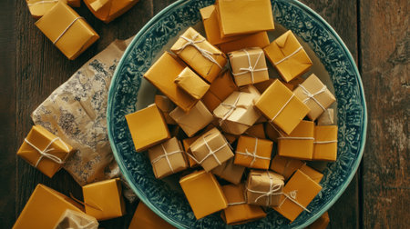 A plate filled with miniature parcels, symbolizing the dynamics of a global ecommerce hub in a vibrant designの素材