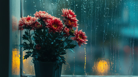 A melancholic arrangement of chrysanthemums on a damp window sill, with rain tracing lines down the paneの素材