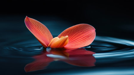A single orchid petal drifting on the surface of calm water, its vibrant colors reflected against a dark backgroundの素材
