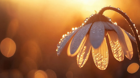 A close-up of a single drooping daisy with petals adorned by glistening dewdrops, reflecting morning light like tearsの素材