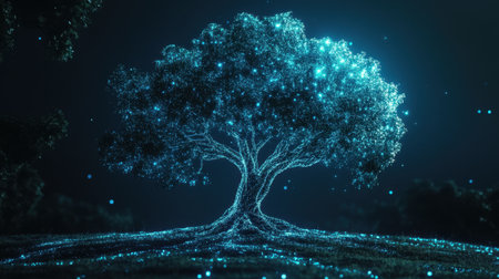 A glowing tree with digital branches, blending nature and technology, symbolizing innovation and interconnected growthの素材