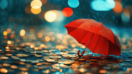 A red umbrella in the rain, surrounded by shimmering coins, evoking financial stability and optimism in uncertain timesの素材