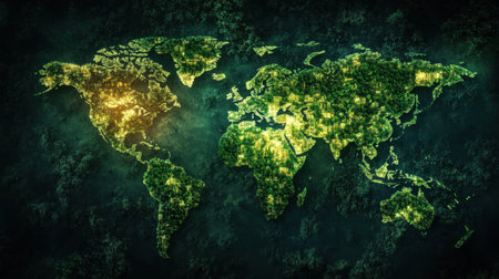 A green map of the world, with glowing cities surrounded by trees and rivers, symbolizing harmony between urban life and natureの素材