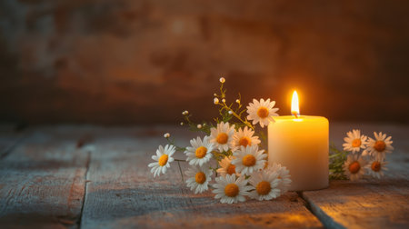A simple floral spray of white and yellow daisies resting beside the flickering flame of a candle on a wooden tableの素材
