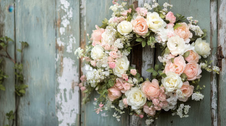 A handcrafted floral wreath with pastel pink and white roses hanging gracefully on a rustic, weathered gateの素材