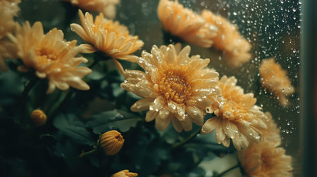 Close-up of chrysanthemums on a rain-covered window sill, drops sparkling like jewels on the glassの素材