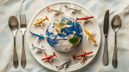 Tiny airplanes orbiting a globe on a plate, with utensils framing the scene, symbolizing global connectivity and tradeの素材