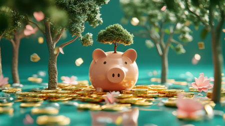 Pink piggy bank surrounded by gold coins, trees growing from slots, symbolizing green finance, on tealの素材