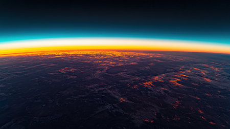A spectacular view of Earth's horizon glowing as the sunrise colors the atmosphere with vibrant golden and blue huesの素材