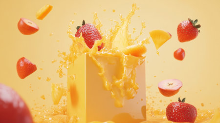 A juice box with bright liquid bursts and fruit accents on a light orange background.の素材
