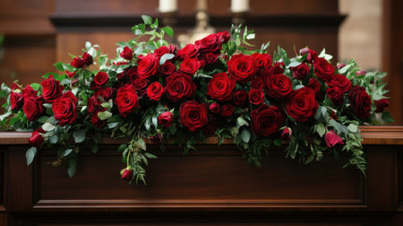 A solemn yet elegant display of red roses with cascading velvet fabric, creating a heartfelt tribute atop a wooden casketの素材