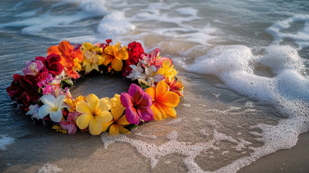 A vivid floral wreath of exotic tropical flowers lying near the water's edge, waves lapping softly in the backgroundの素材