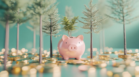Pink piggy bank on teal background, trees sprouting from its slots, surrounded by shiny gold coins for eco-friendly savingsの素材