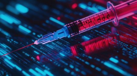 Close-up of red and blue syringes crossing each other, with a sleek digital-themed backgroundの素材