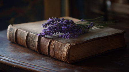 Withered lavender on an old, leather-bound book, softly lit in a quiet, timeless scene of reflectionの素材