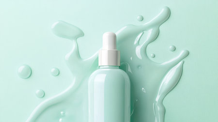 A luxury face serum bottle with smooth liquid droplets dispersing on a pastel mint background.の素材