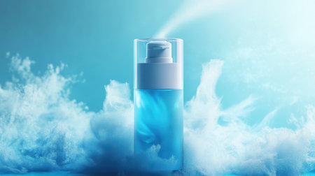 A deodorant bottle with cool blue liquid motion representing freshness on an icy blue background.の素材
