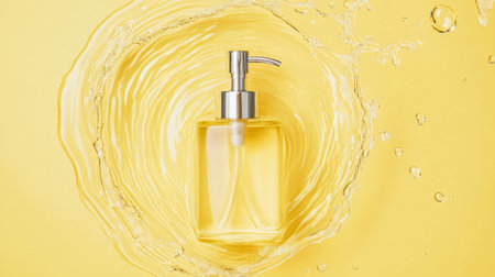 A soap dispenser surrounded by dynamic clear liquid ripples on a soft pastel yellow background.の素材
