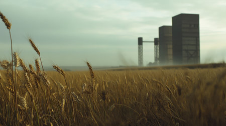 Close-up of wheat heads in a vast field, modern grain elevators softly blurred in the distanceの素材