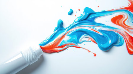 A toothpaste tube with dynamic gel-like liquid swirls on a crisp white background.の素材