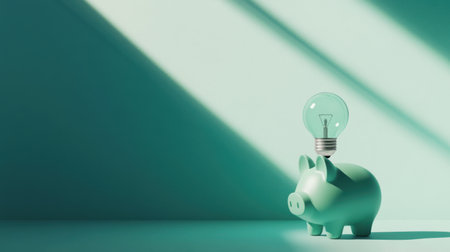 Green energy-saving concept featuring a piggy bank in the shape of a light bulb, placed on a minimalist studio settingの素材