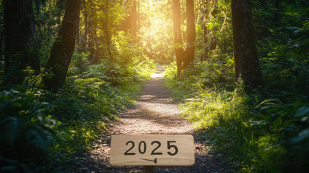 Lush green forest with sunlight breaking through, a path marked "2025" and arrow pointing forward for inspirationの素材