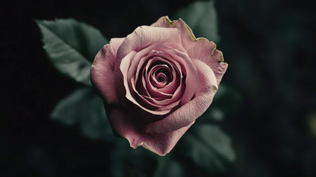 Overhead shot of a pink rose with intricate petal details, framed against a rich black backdropの素材