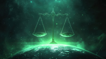 A conceptual representation of justice with balanced scales resting on Earth, framed by radiant green lightの素材